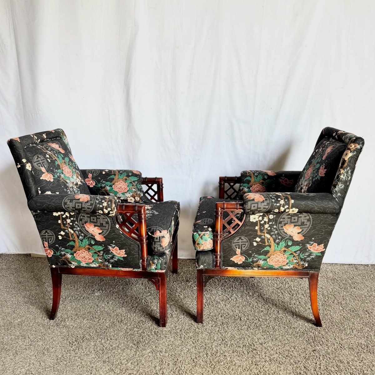 Chinoiserie Black Floral and Bird Print Lounge Chairs - A Pair - Dolphin & Flamingo