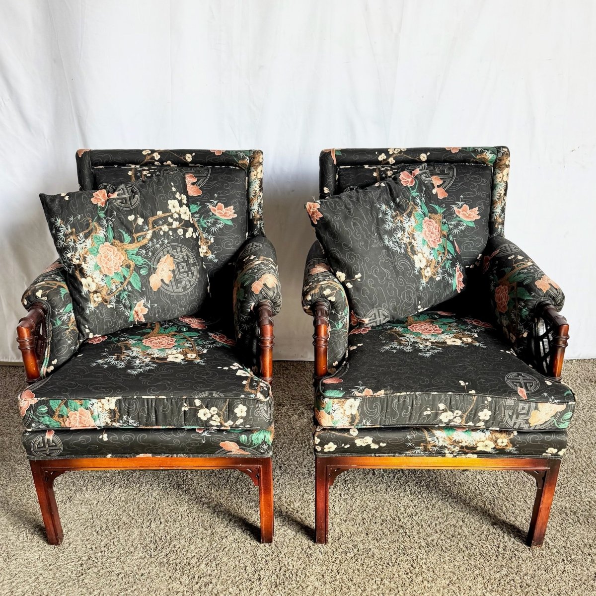 Chinoiserie Black Floral and Bird Print Lounge Chairs - A Pair - Dolphin & Flamingo