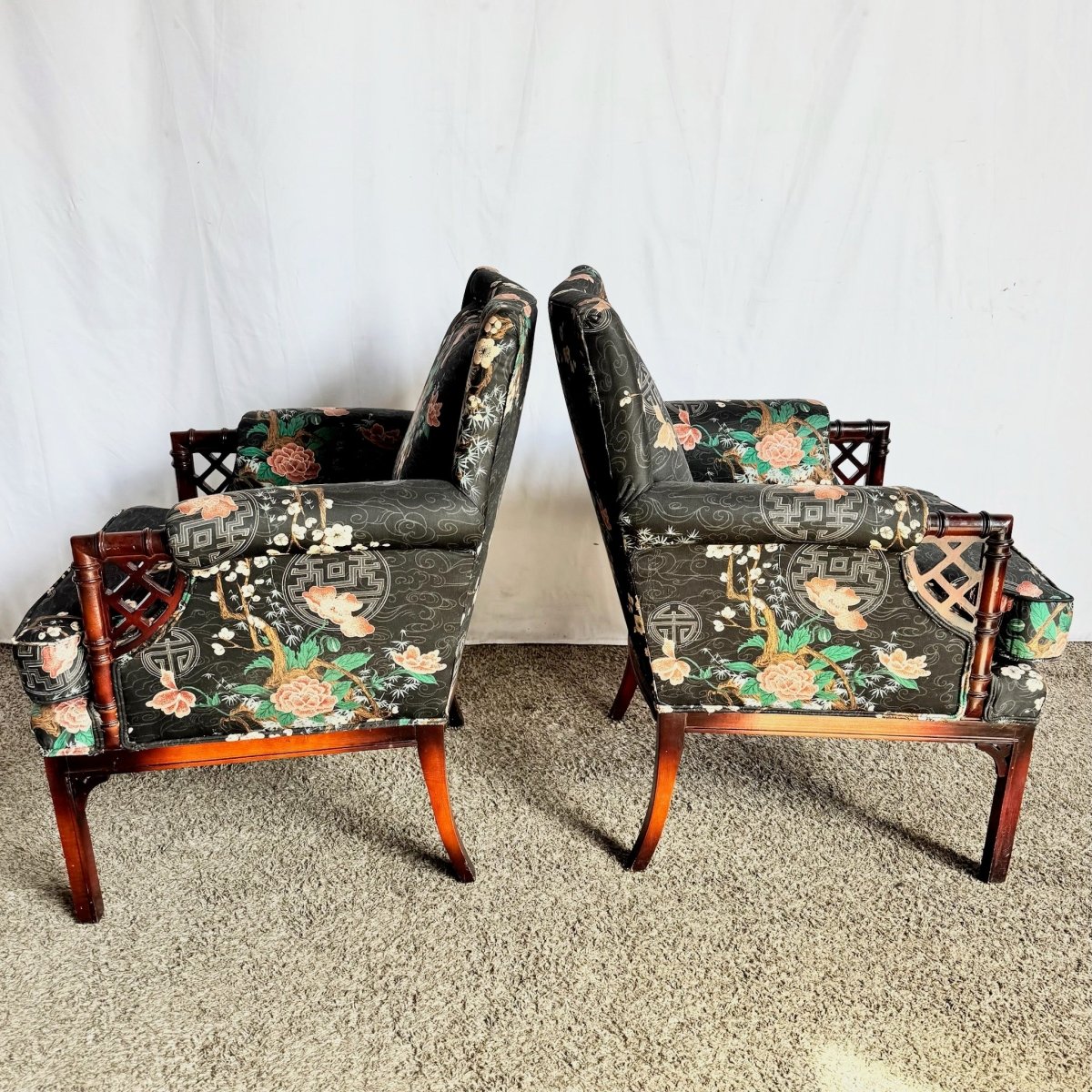 Chinoiserie Black Floral and Bird Print Lounge Chairs - A Pair - Dolphin & Flamingo