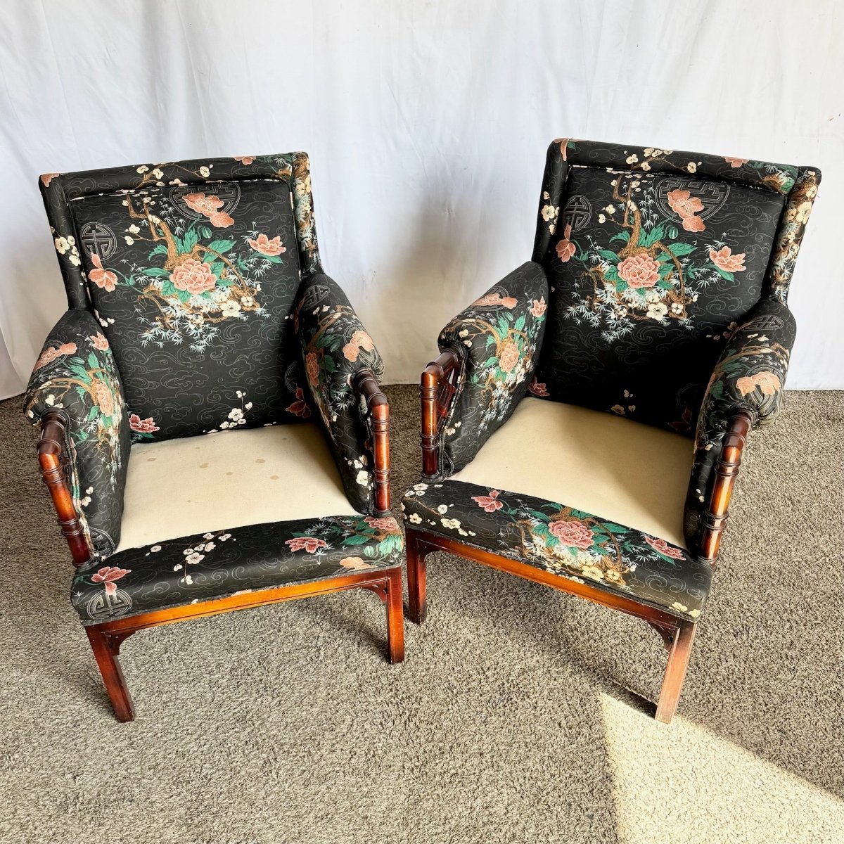 Chinoiserie Black Floral and Bird Print Lounge Chairs - A Pair - Dolphin & Flamingo