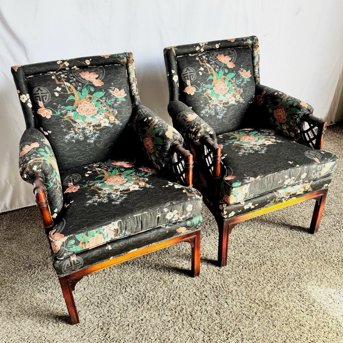 Chinoiserie Black Floral and Bird Print Lounge Chairs - A Pair - Dolphin & Flamingo