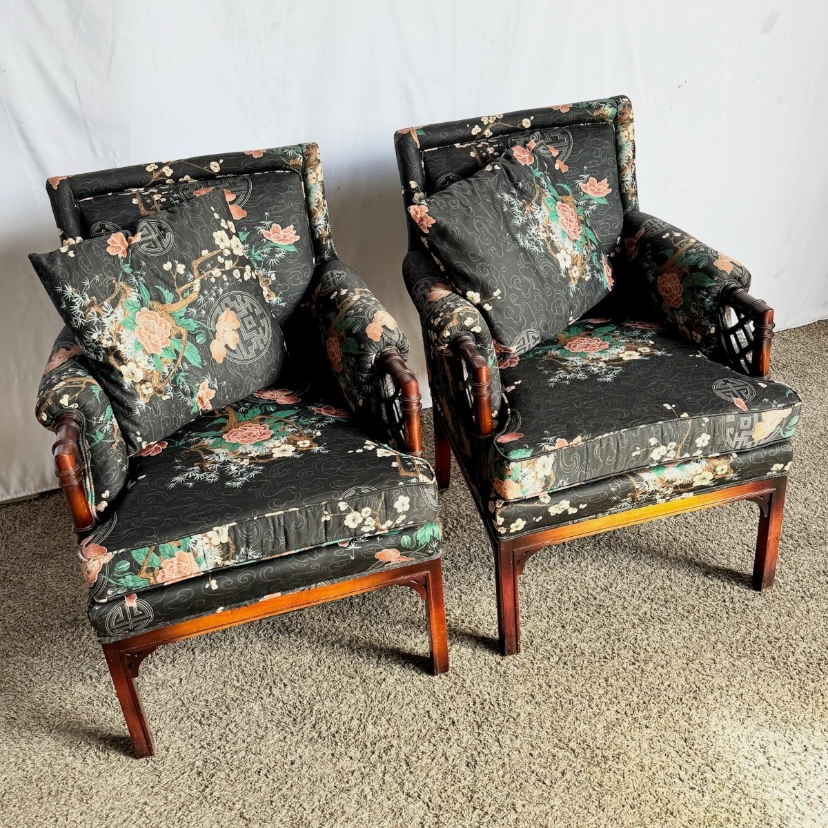 Chinoiserie Black Floral and Bird Print Lounge Chairs - A Pair - Dolphin & Flamingo
