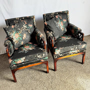 Chinoiserie Black Floral and Bird Print Lounge Chairs - A Pair - Dolphin & Flamingo