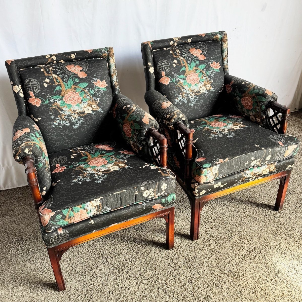 Chinoiserie Black Floral and Bird Print Lounge Chairs - A Pair - Dolphin & Flamingo