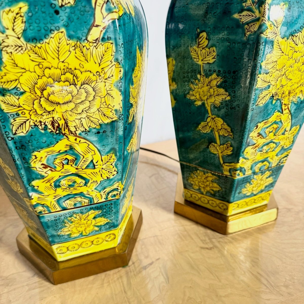 Chinoiserie Blue and Yellow Porcelains Table Lamps - A Pair - Dolphin & Flamingo