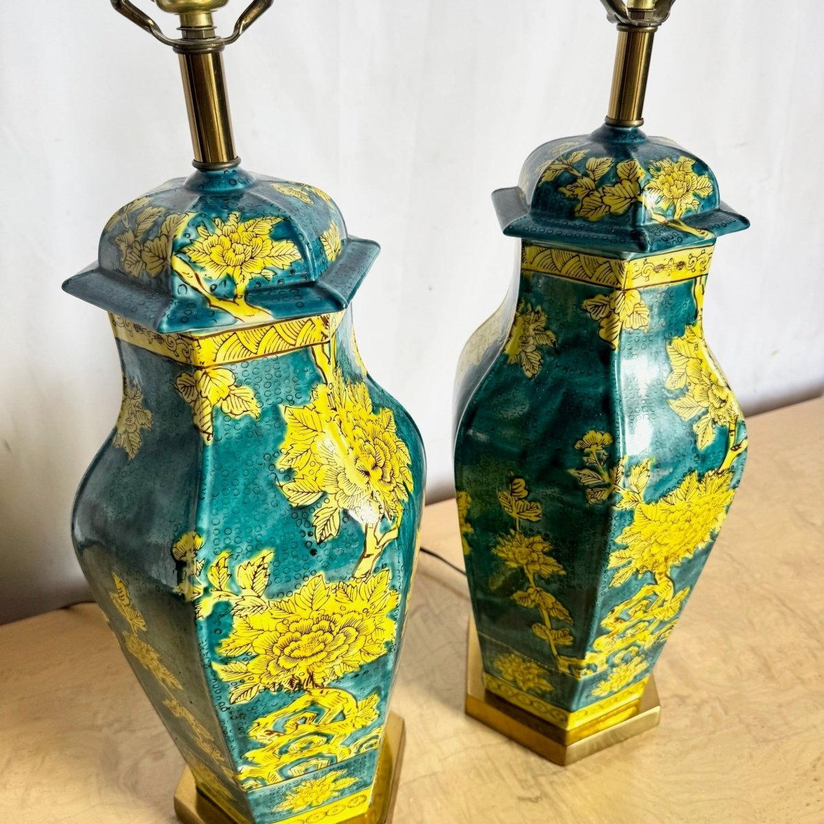 Chinoiserie Blue and Yellow Porcelains Table Lamps - A Pair - Dolphin & Flamingo