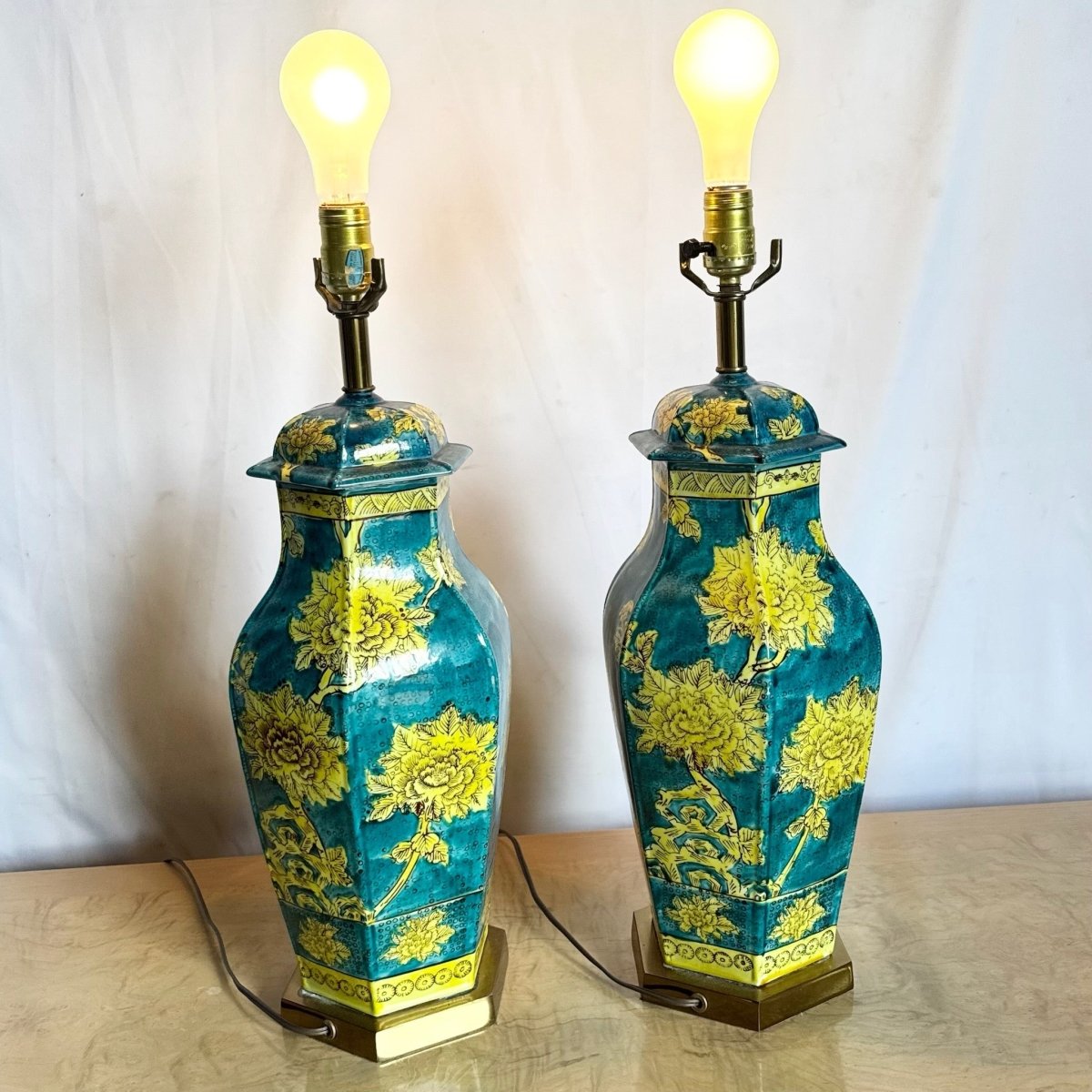 Chinoiserie Blue and Yellow Porcelains Table Lamps - A Pair - Dolphin & Flamingo