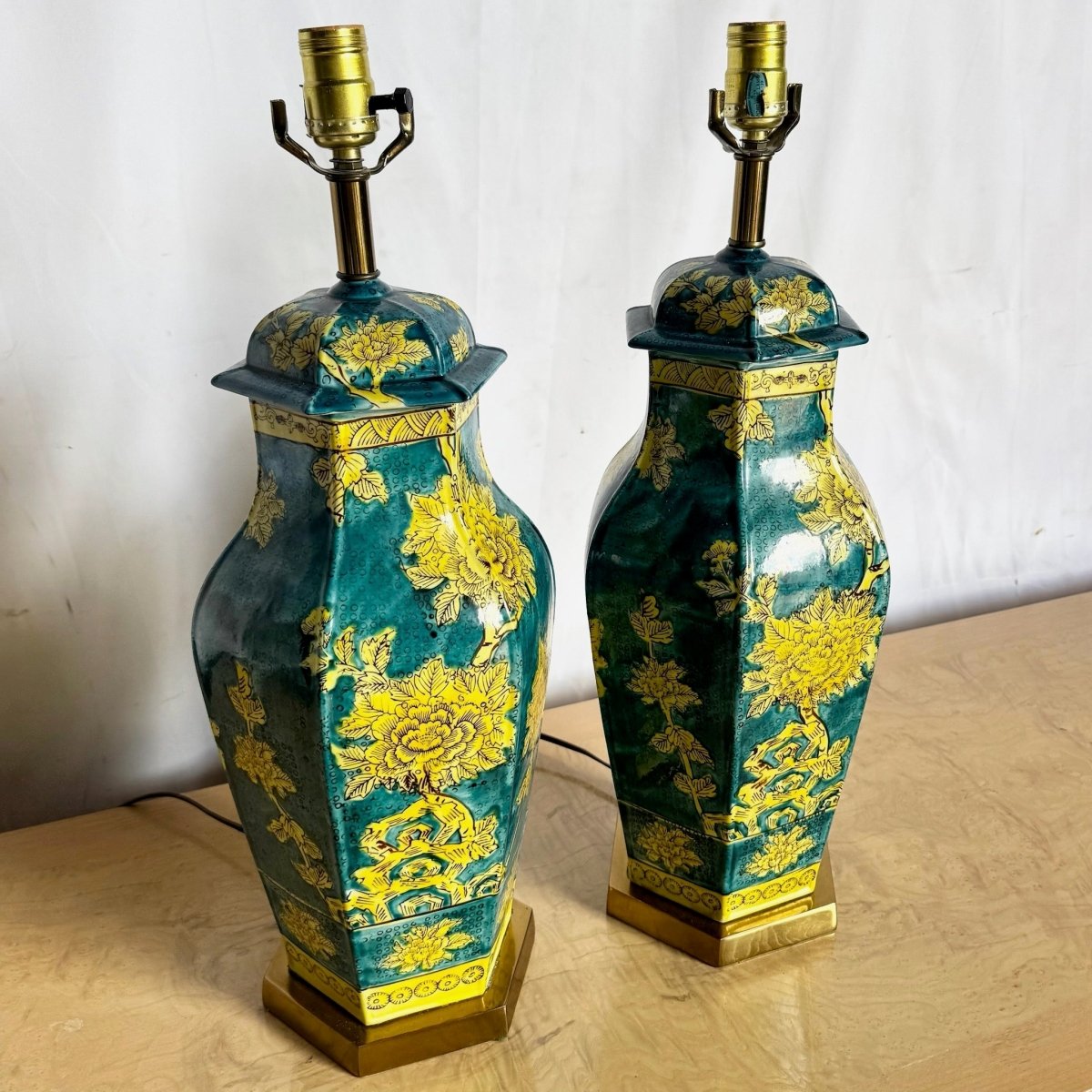 Chinoiserie Blue and Yellow Porcelains Table Lamps - A Pair - Dolphin & Flamingo