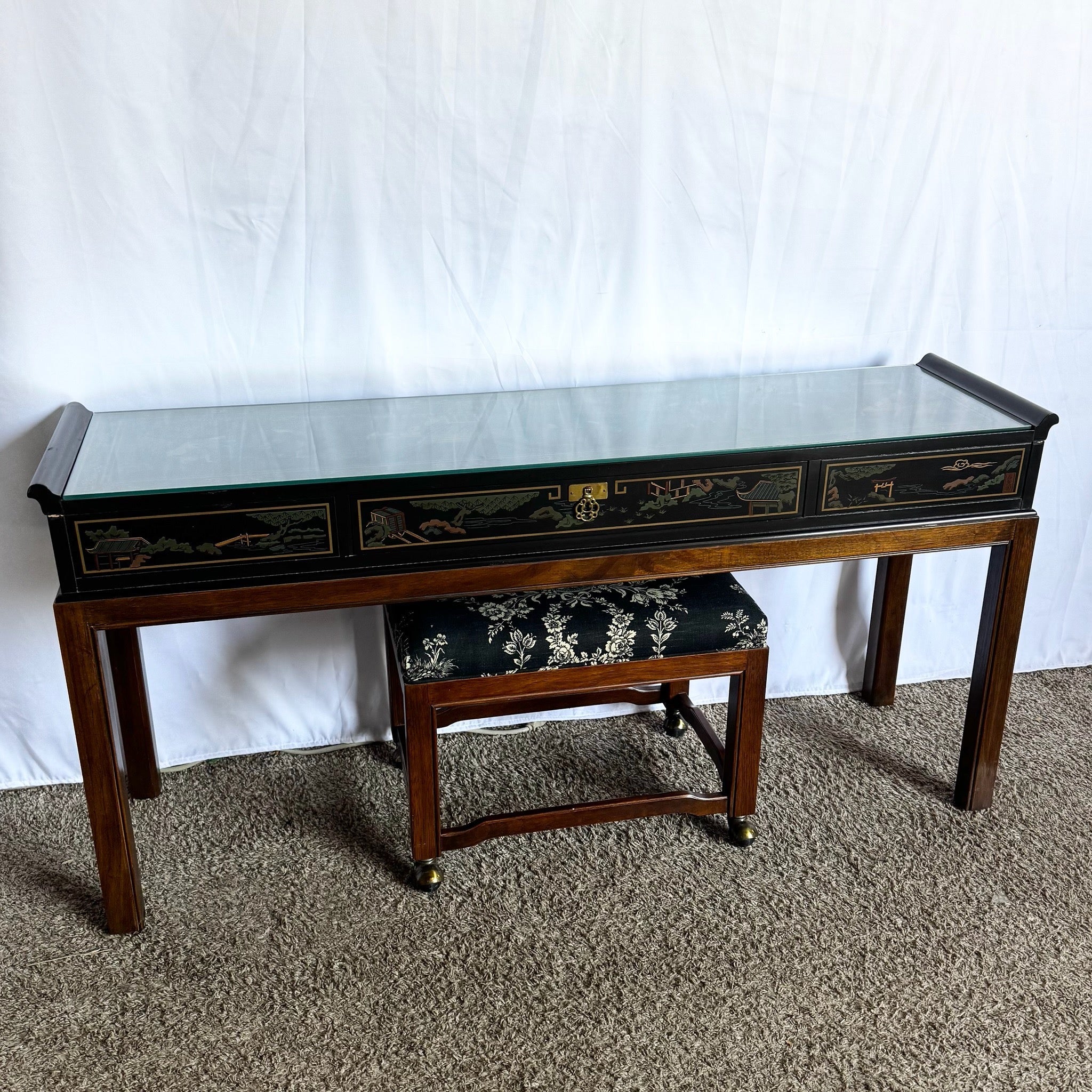 Chinoiserie Hand Painted Console Table/Desk With Low Stool by Drexel - Dolphin & Flamingo