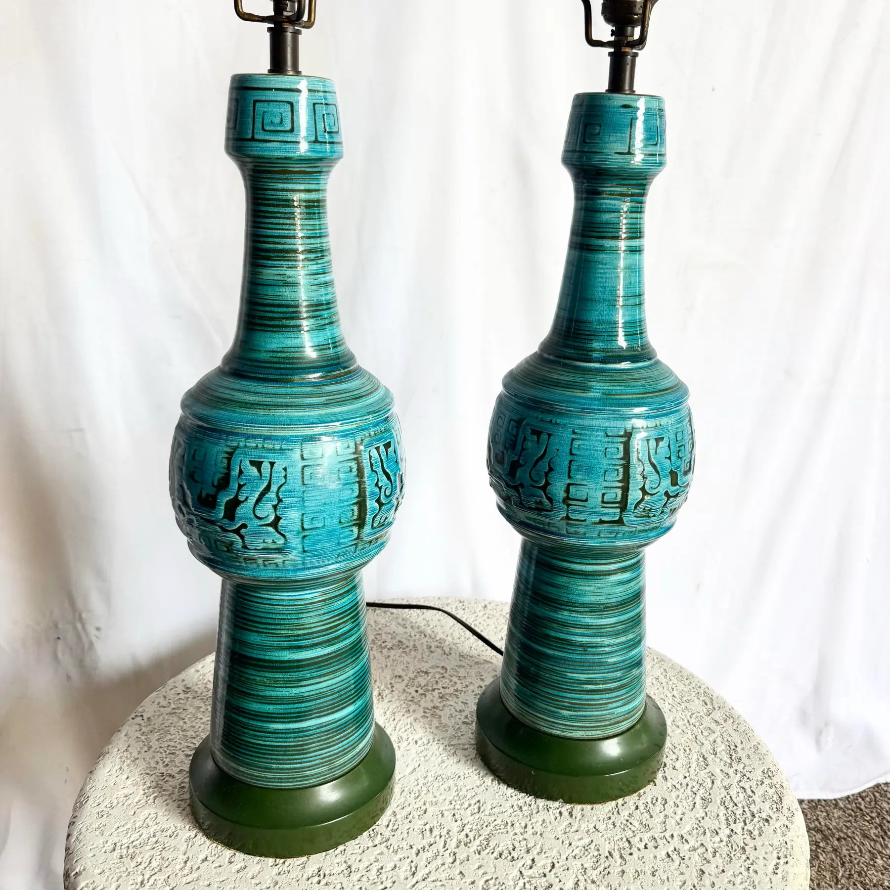 Chinoiserie Turquoise Blue Ceramic Glazed Table Lamps - A Pair