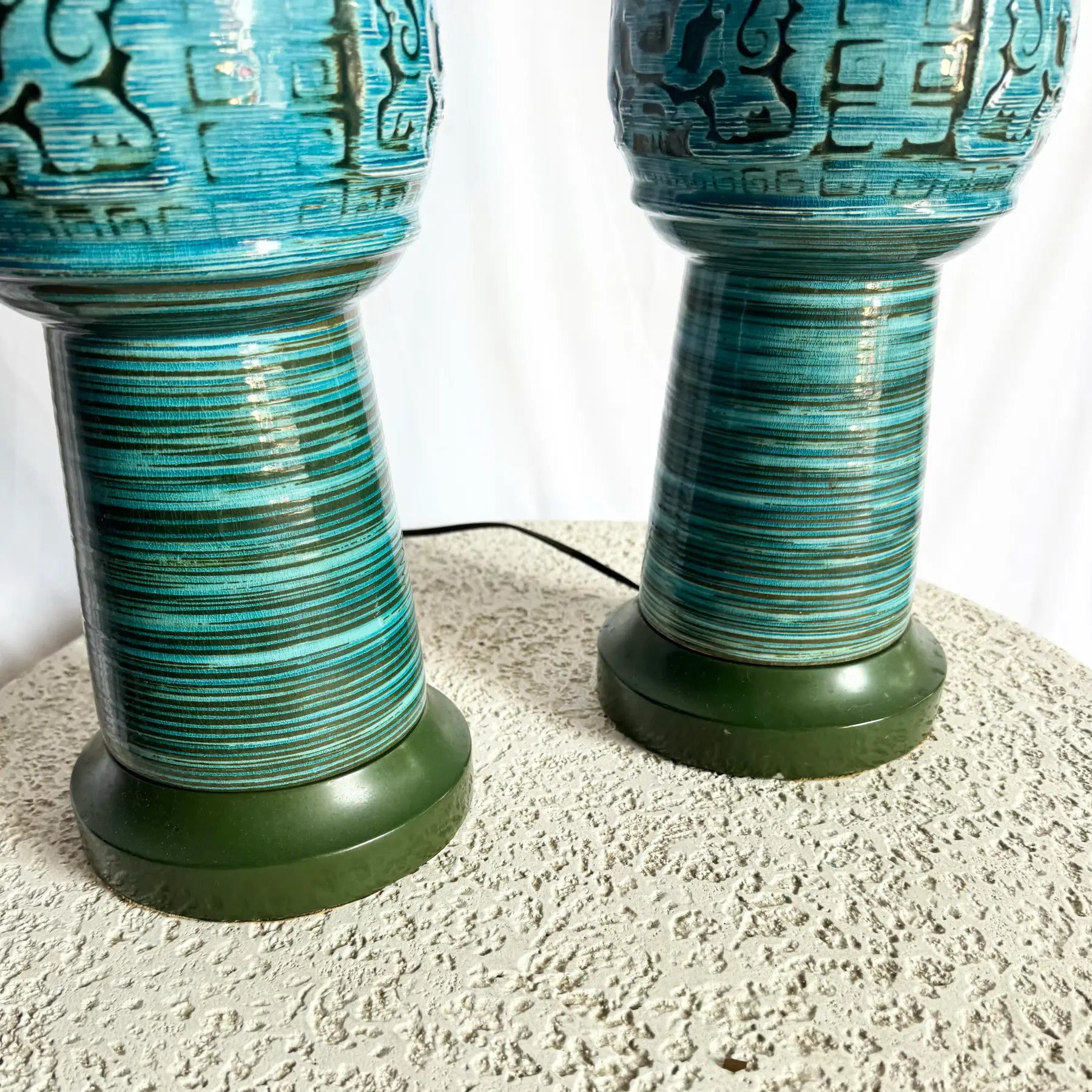 Chinoiserie Turquoise Blue Ceramic Glazed Table Lamps - A Pair