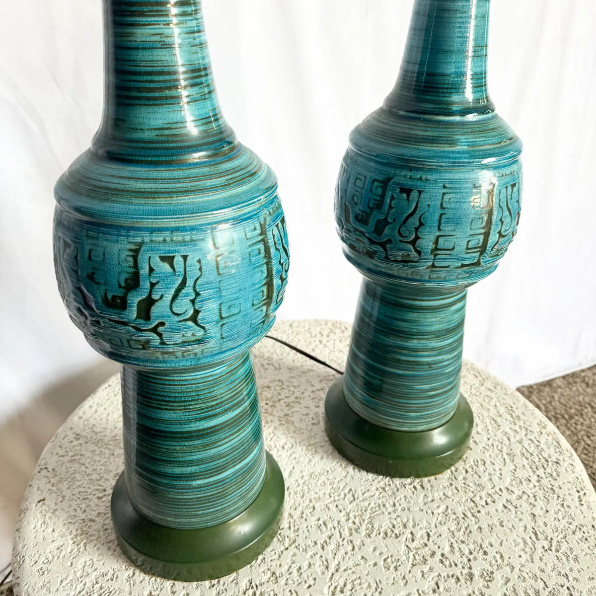 Chinoiserie Turquoise Blue Ceramic Glazed Table Lamps - A Pair - Dolphin & Flamingo