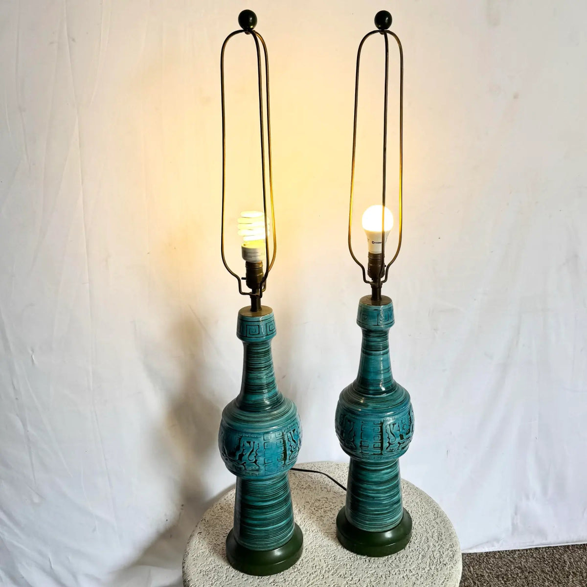 Chinoiserie Turquoise Blue Ceramic Glazed Table Lamps - A Pair - Dolphin & Flamingo