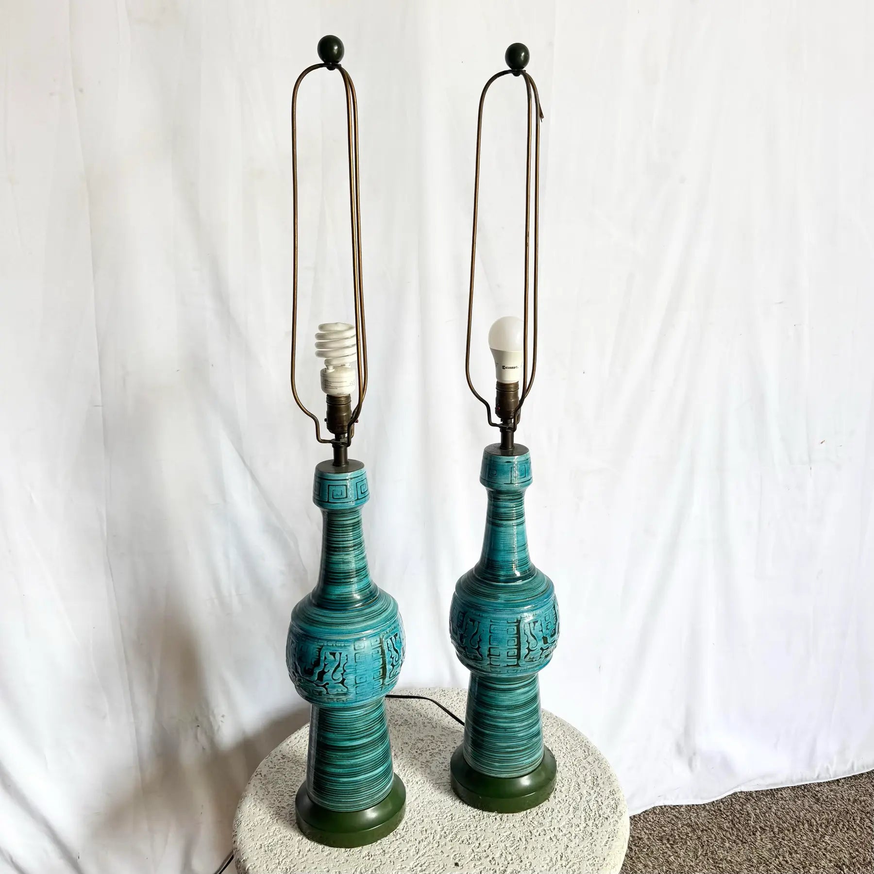 Chinoiserie Turquoise Blue Ceramic Glazed Table Lamps - A Pair