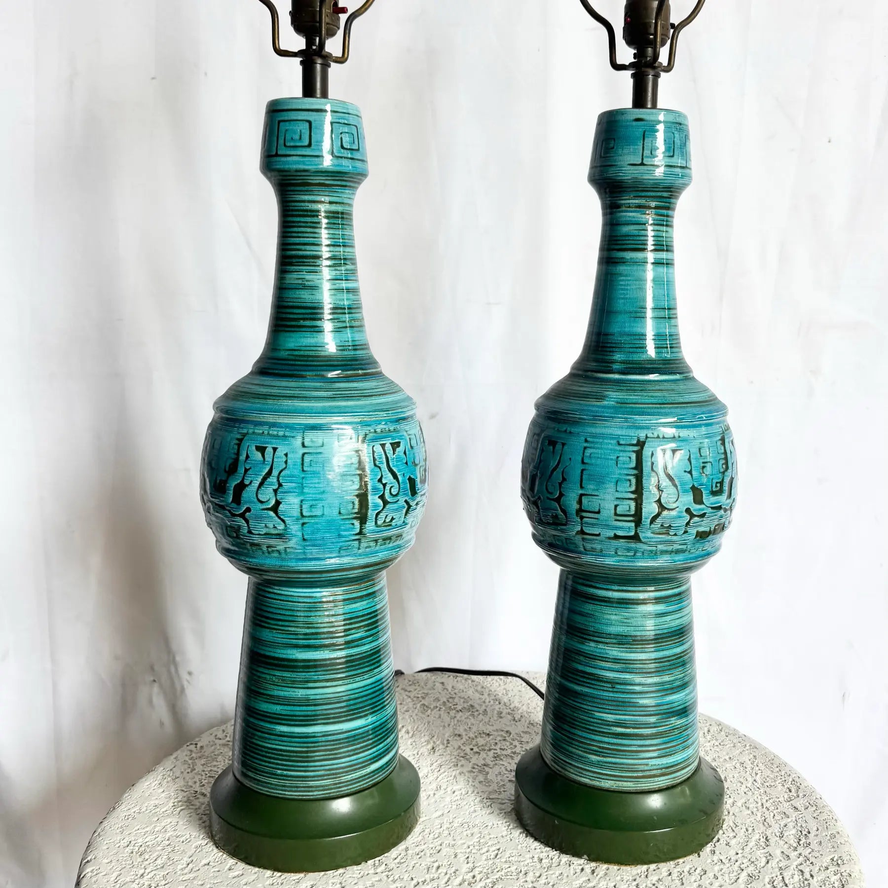 Chinoiserie Turquoise Blue Ceramic Glazed Table Lamps - A Pair
