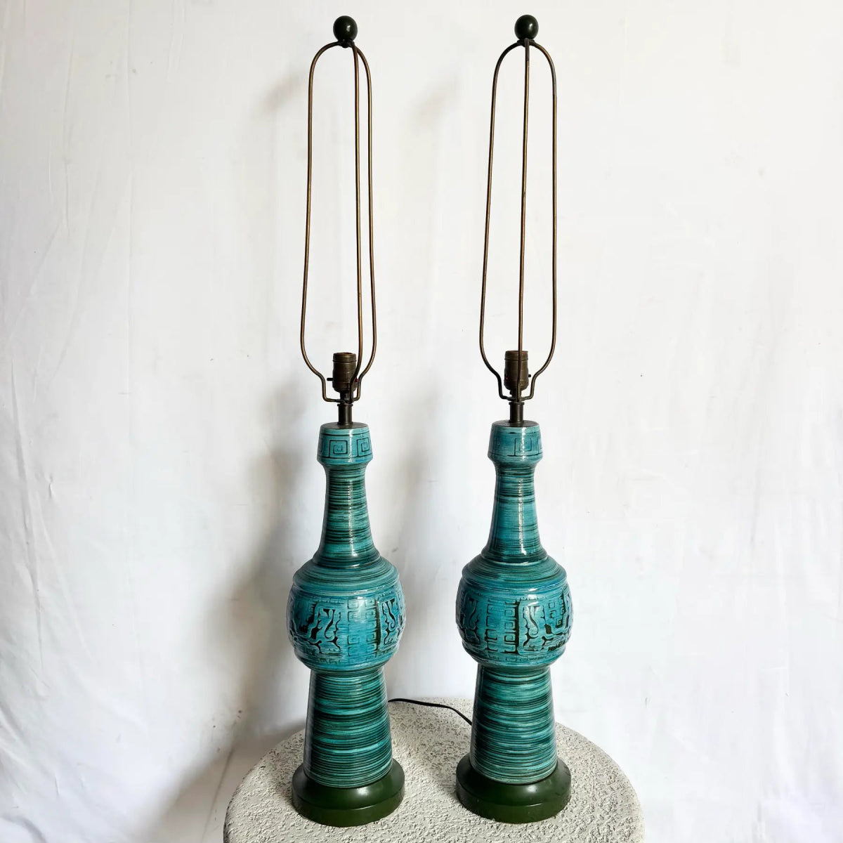 Chinoiserie Turquoise Blue Ceramic Glazed Table Lamps - A Pair - Dolphin & Flamingo