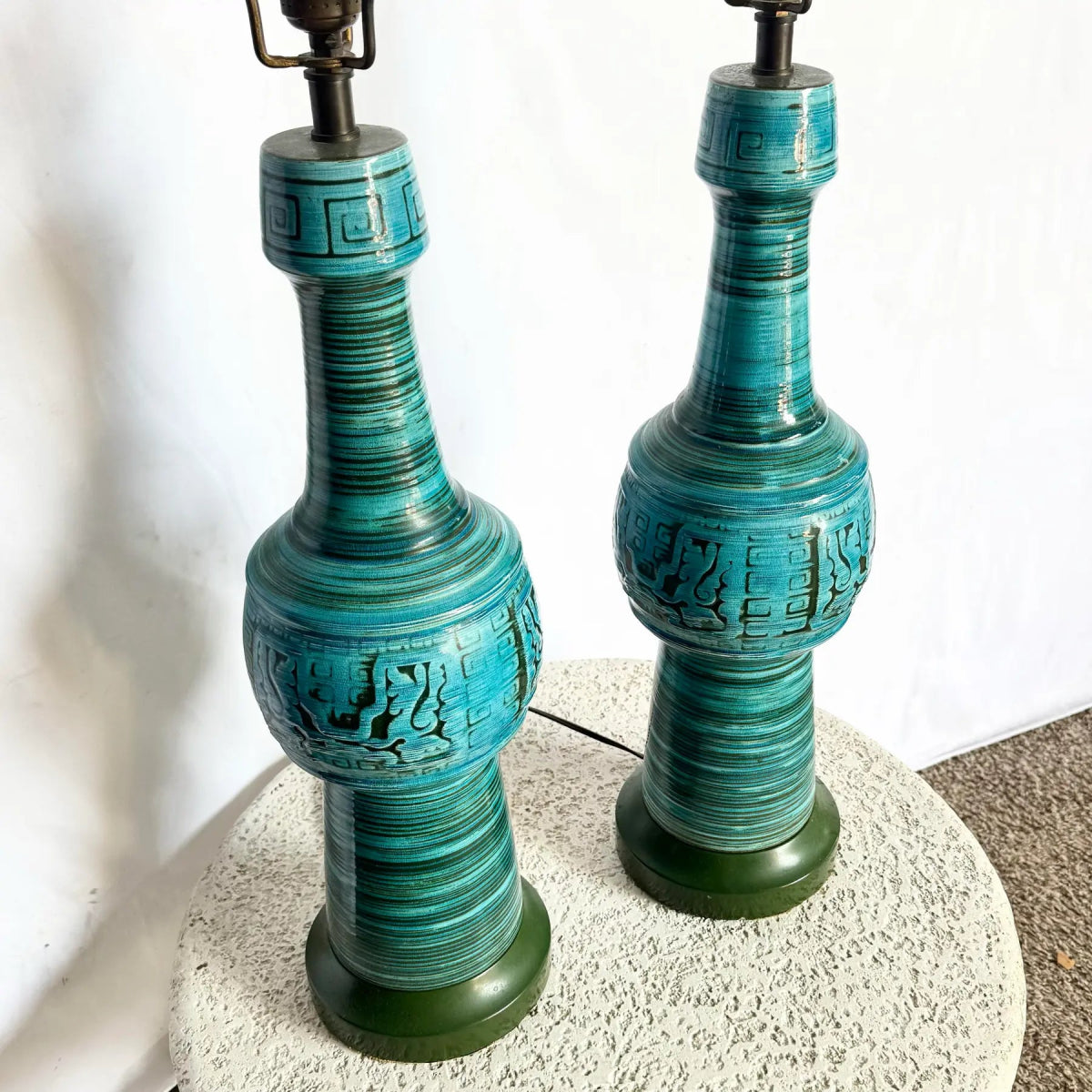 Chinoiserie Turquoise Blue Ceramic Glazed Table Lamps - A Pair - Dolphin & Flamingo