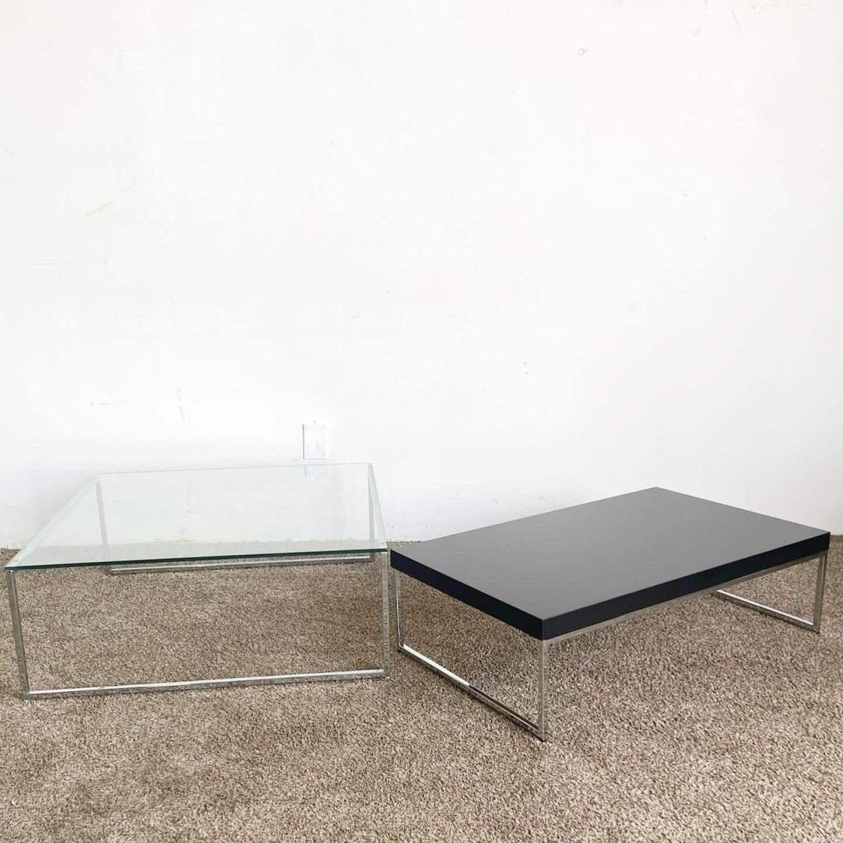 Chrome Glass Top and Wooden Top Nesting Coffee Table Set by Bo Concepts - Dolphin & Flamingo