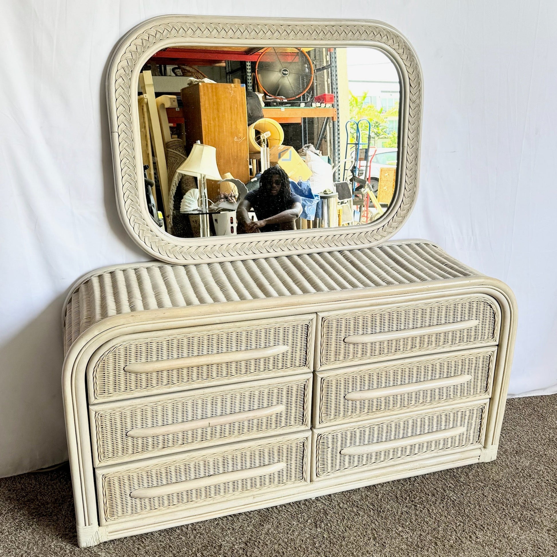Coastal Boho Chic Wicker Rattan Waterfall Dresser With Wall Mirror - Dolphin & Flamingo