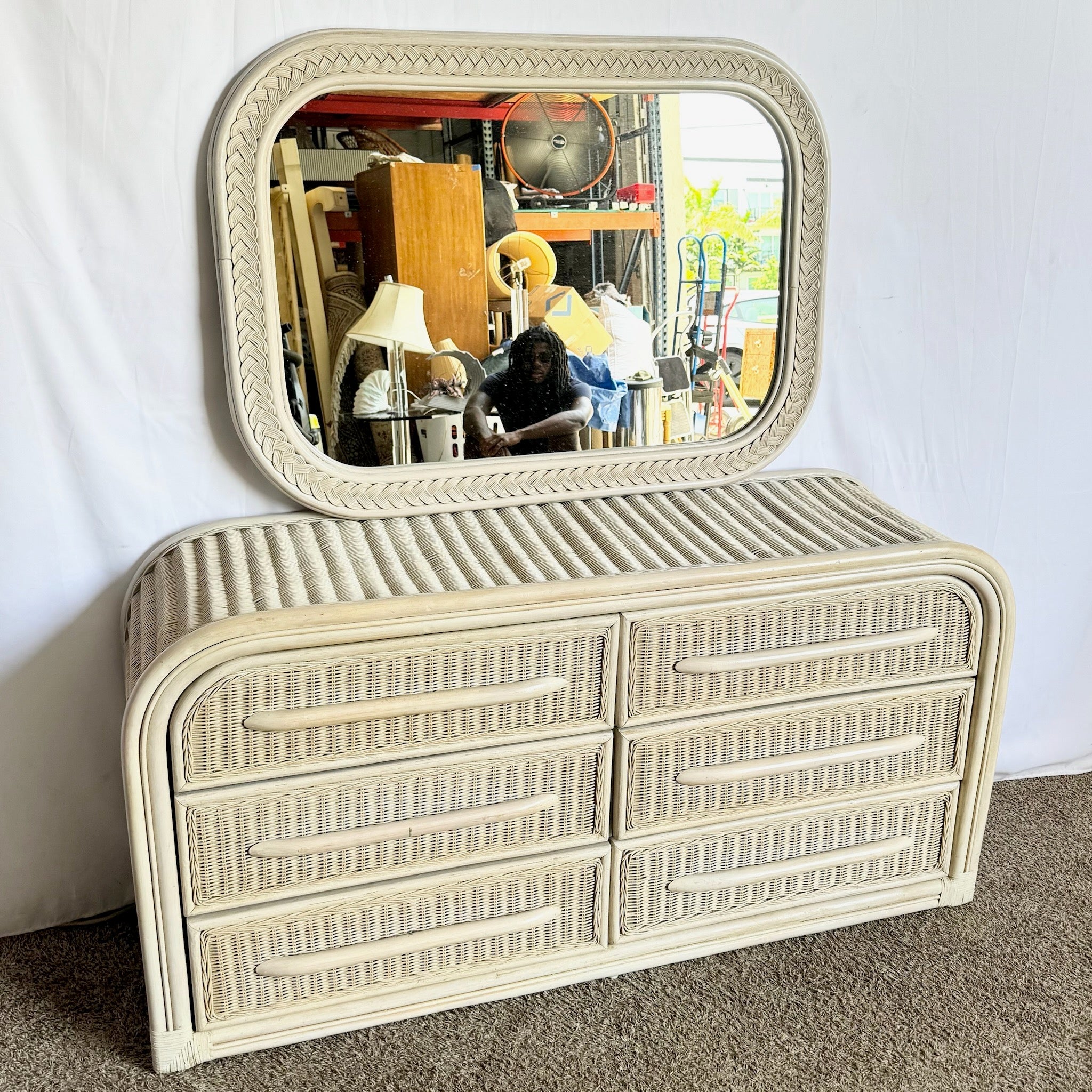 Coastal Boho Chic Wicker Rattan Waterfall Dresser With Wall Mirror - Dolphin & Flamingo