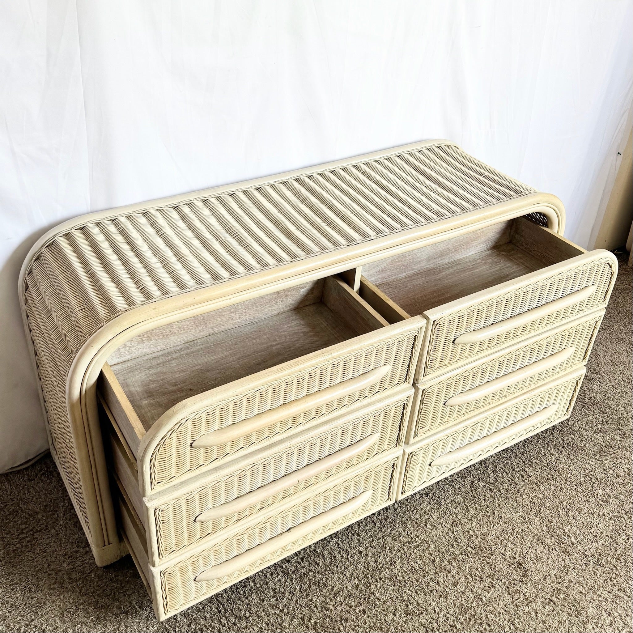Coastal Boho Chic Wicker Rattan Waterfall Dresser With Wall Mirror - Dolphin & Flamingo
