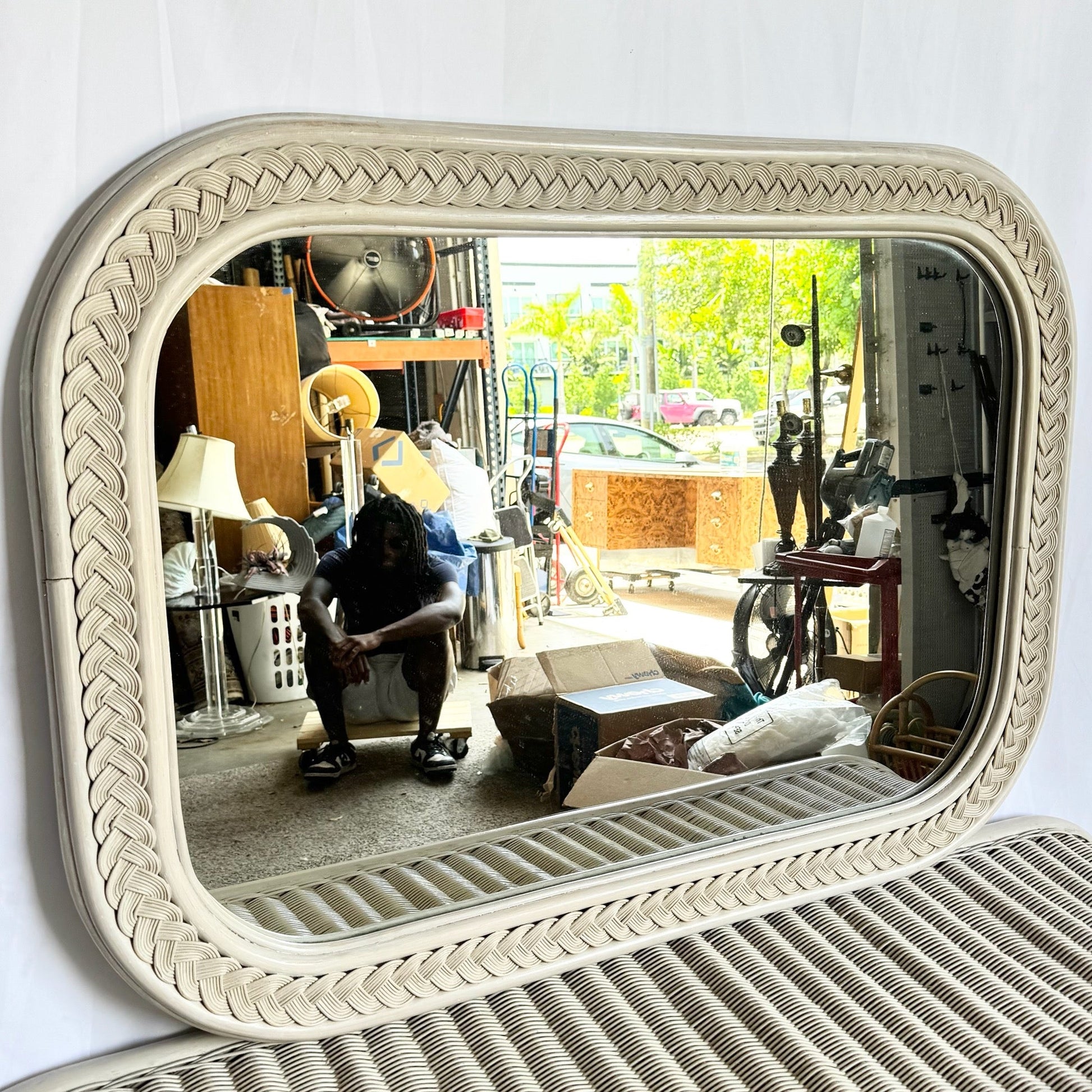 Coastal Boho Chic Wicker Rattan Waterfall Dresser With Wall Mirror - Dolphin & Flamingo