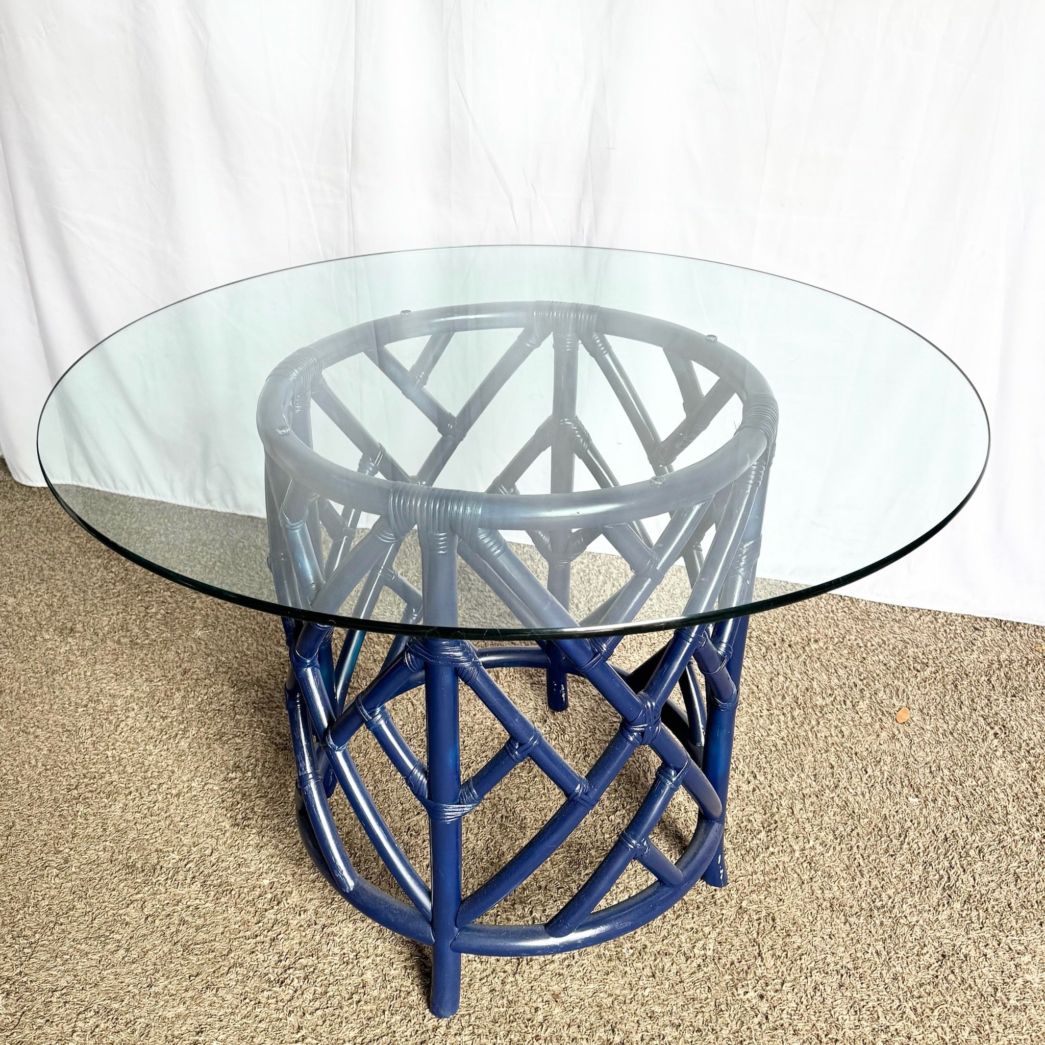 Coastal Chic Navy Blue Chippendale Style Glass Top Dining Table - Dolphin & Flamingo