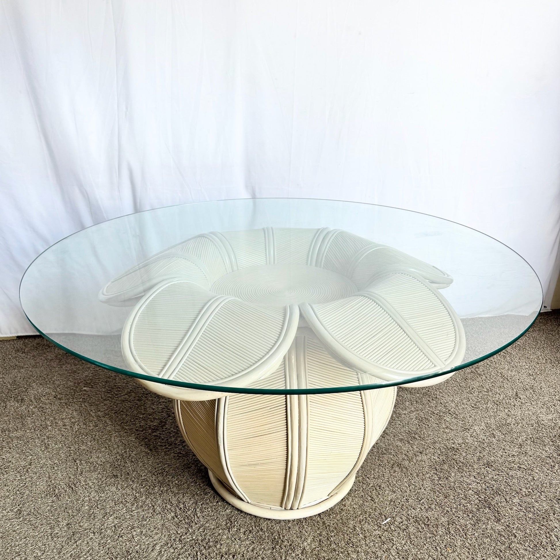 Coastal Flower Rattan and Reed Bell Flower Glass Top Dining Table - Dolphin & Flamingo