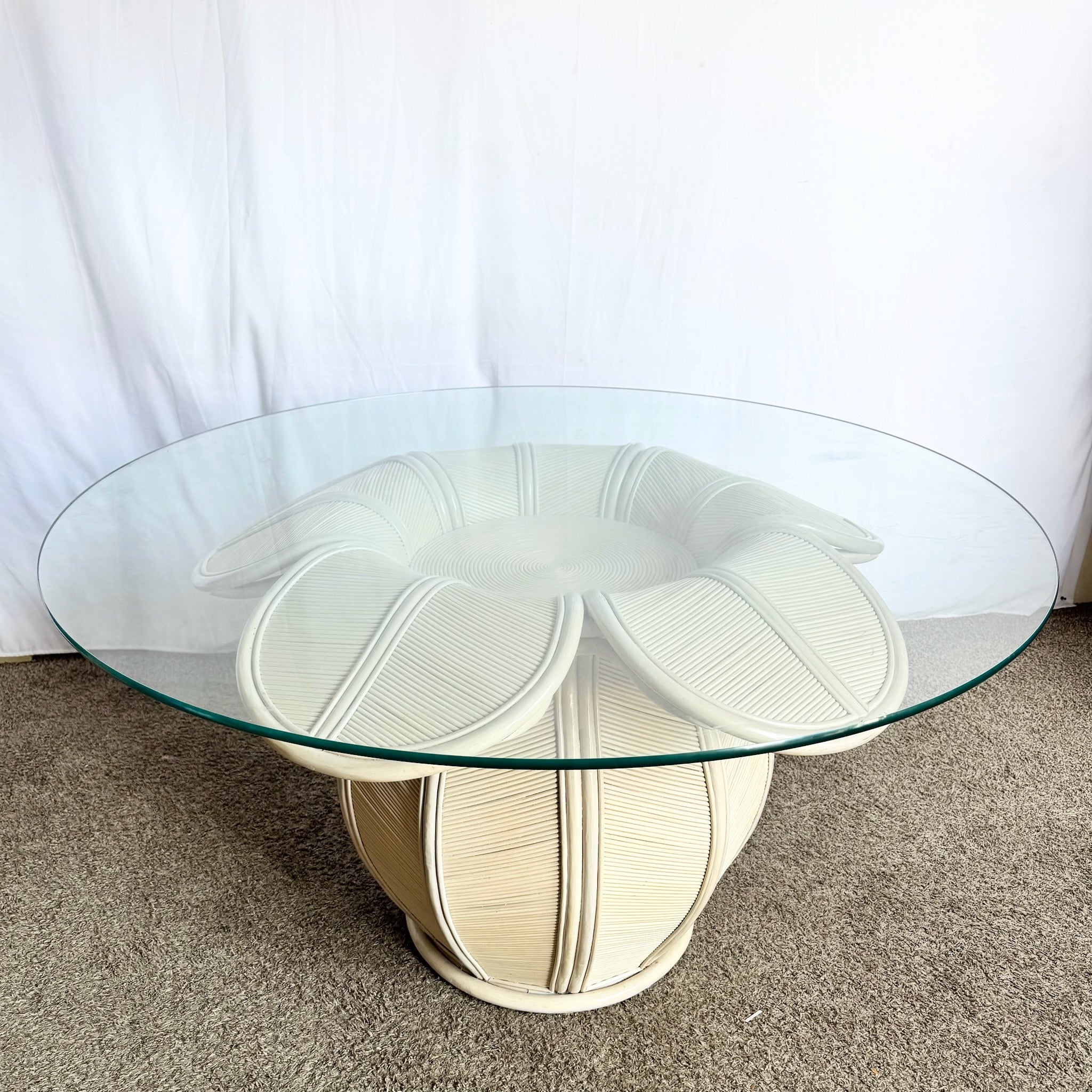 Coastal Flower Rattan and Reed Bell Flower Glass Top Dining Table - Dolphin & Flamingo