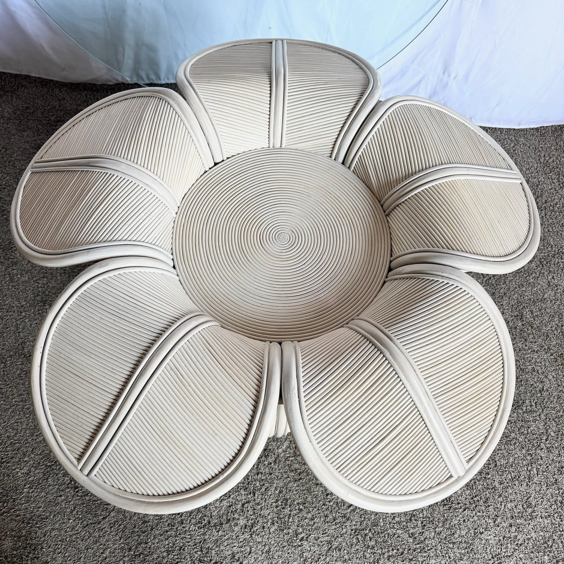 Coastal Flower Rattan and Reed Bell Flower Glass Top Dining Table - Dolphin & Flamingo