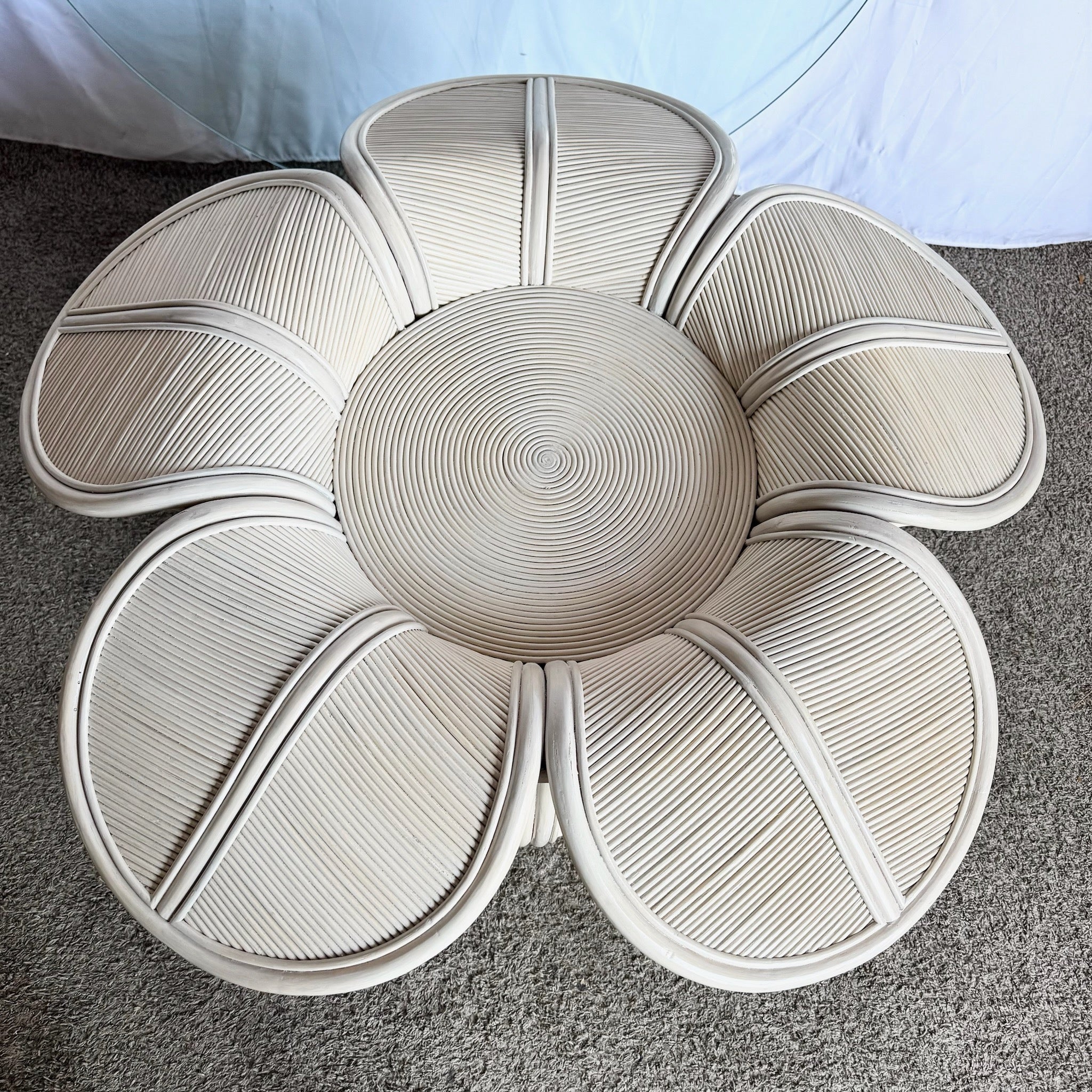 Coastal Flower Rattan and Reed Bell Flower Glass Top Dining Table - Dolphin & Flamingo