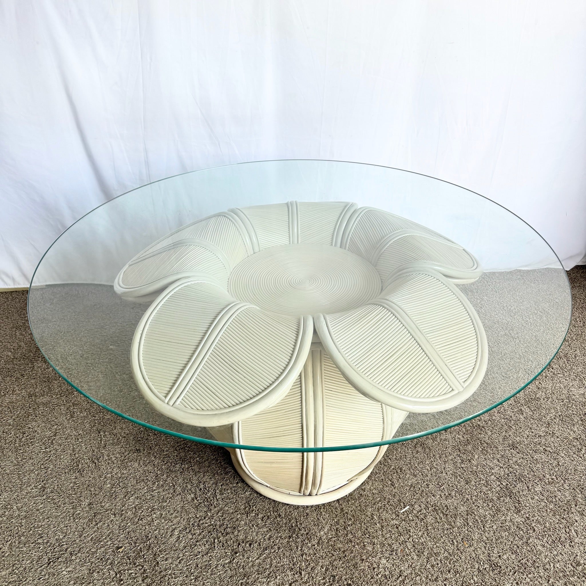 Coastal Flower Rattan and Reed Bell Flower Glass Top Dining Table - Dolphin & Flamingo