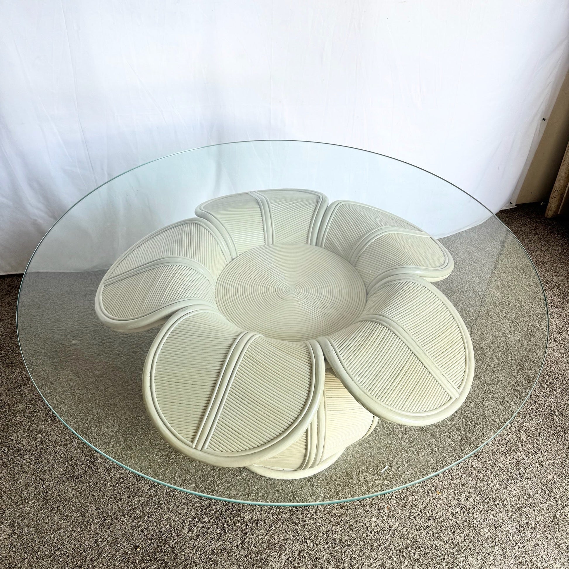 Coastal Flower Rattan and Reed Bell Flower Glass Top Dining Table - Dolphin & Flamingo