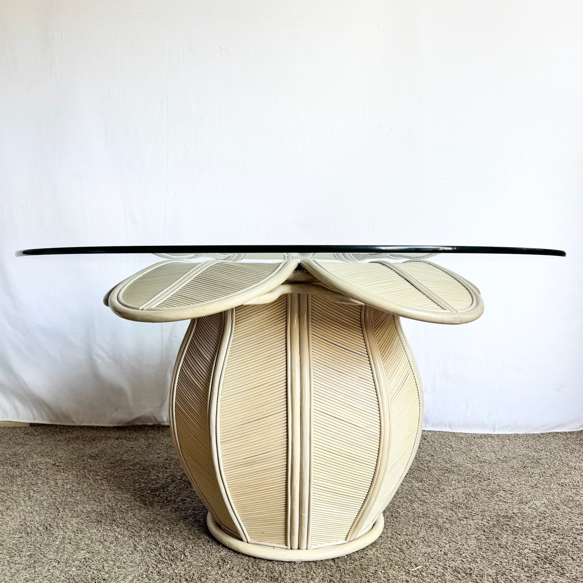 Coastal Flower Rattan and Reed Bell Flower Glass Top Dining Table - Dolphin & Flamingo