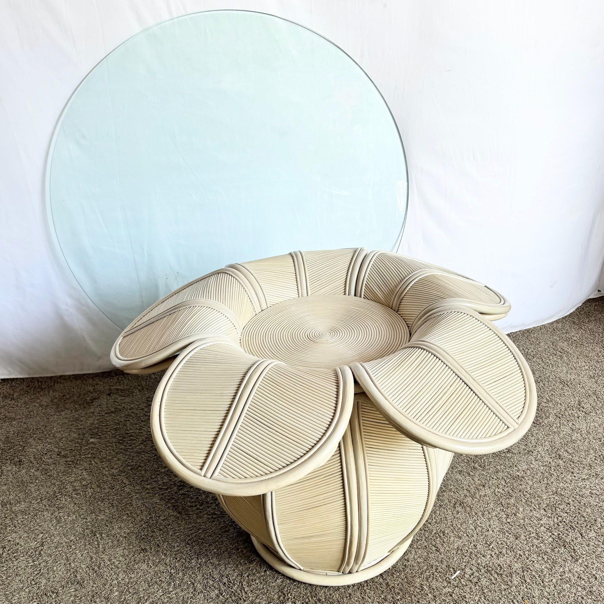 Coastal Flower Rattan and Reed Bell Flower Glass Top Dining Table - Dolphin & Flamingo