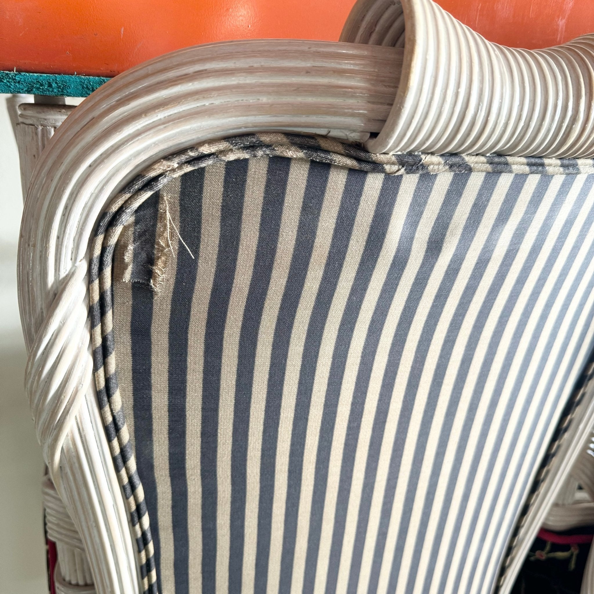 Coastal Sculpted White Washed Pencil Reed Dining Chairs - Set of 4 - Dolphin & Flamingo