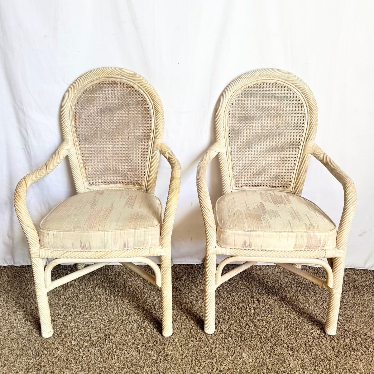 Coastal Twisted Reed Came Back Dining Arm Chairs - Set of 6 - Dolphin & Flamingo