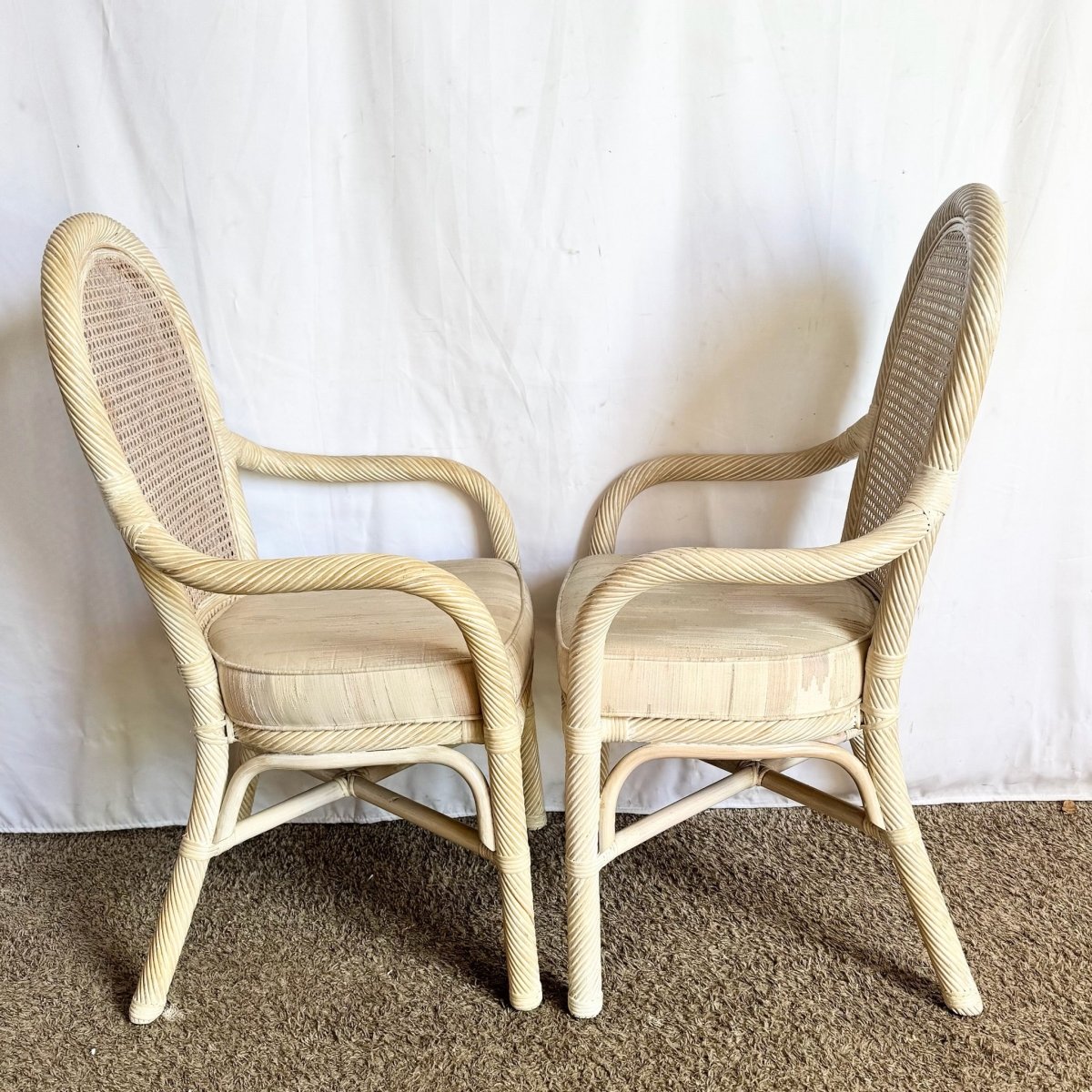 Coastal Twisted Reed Came Back Dining Arm Chairs - Set of 6 - Dolphin & Flamingo