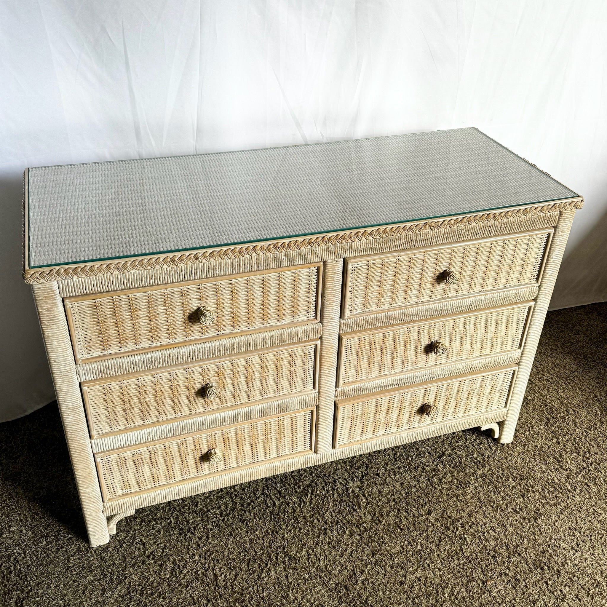 Coastal White Washed Henry Link Wicker Dresser by Lexington - 6 Drawers - Dolphin & Flamingo