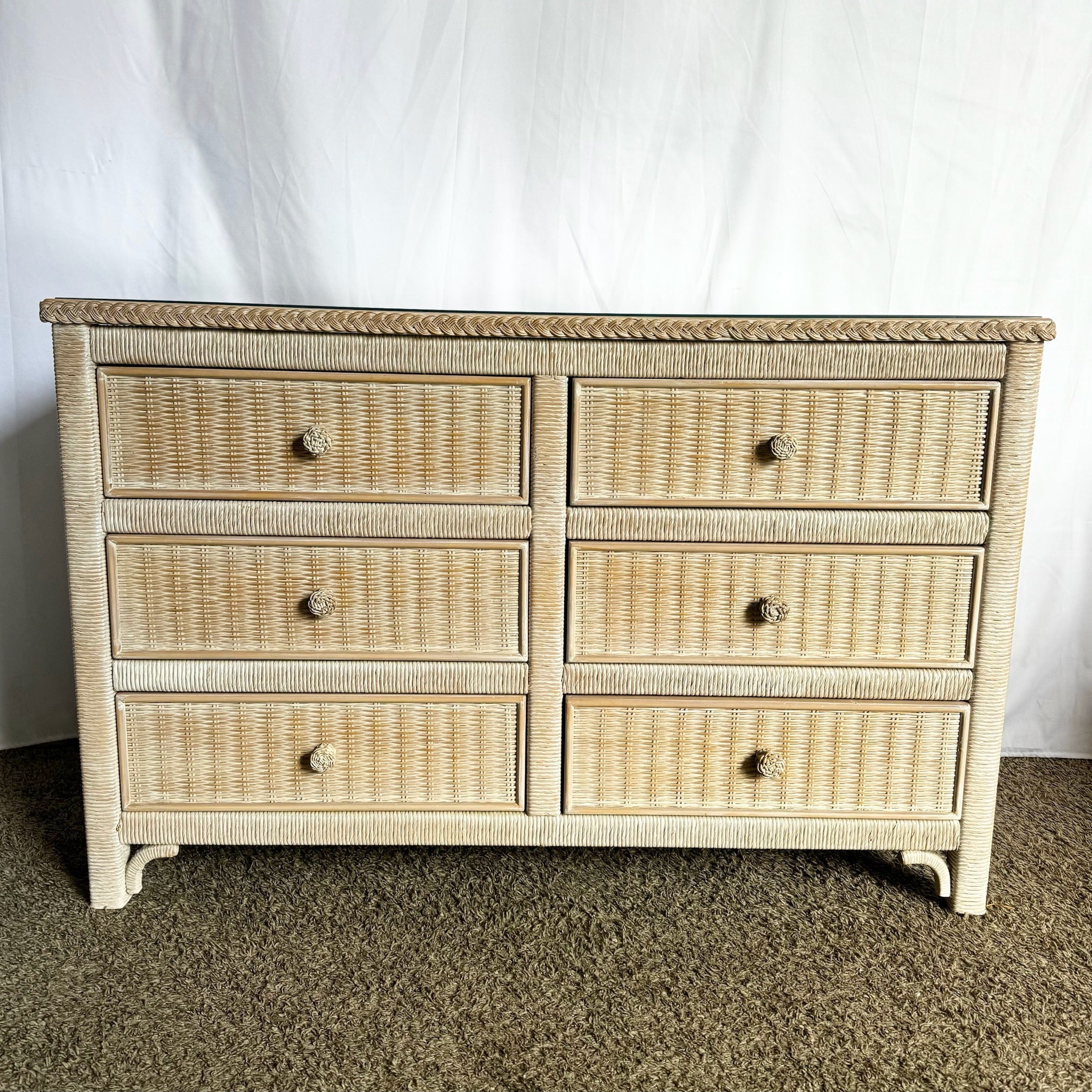 Coastal White Washed Wicker Dresser – Dolphin & Flamingo