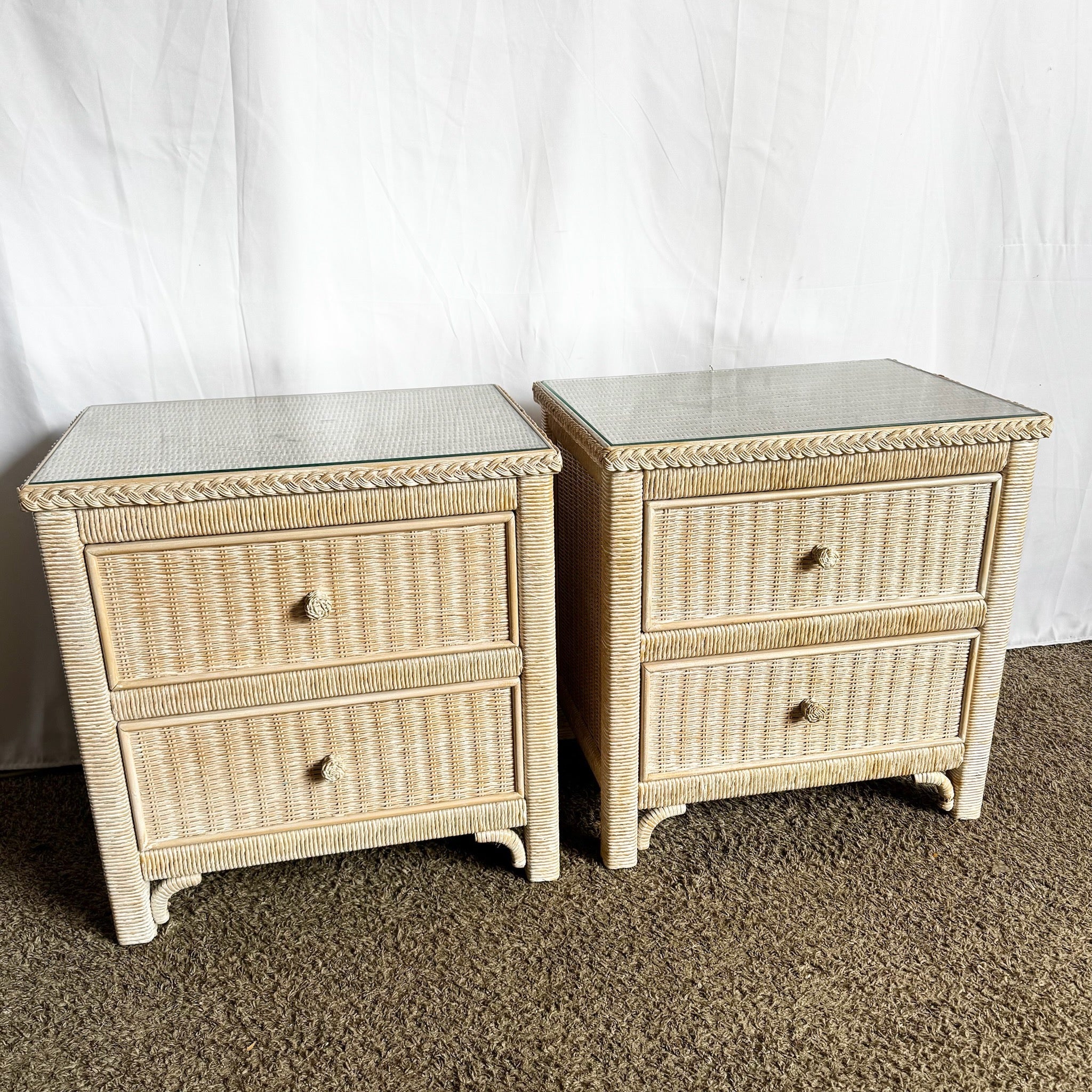 Coastal White Washed Henry Link Wicker Nightstands by Lexington - A Pair - Dolphin & Flamingo