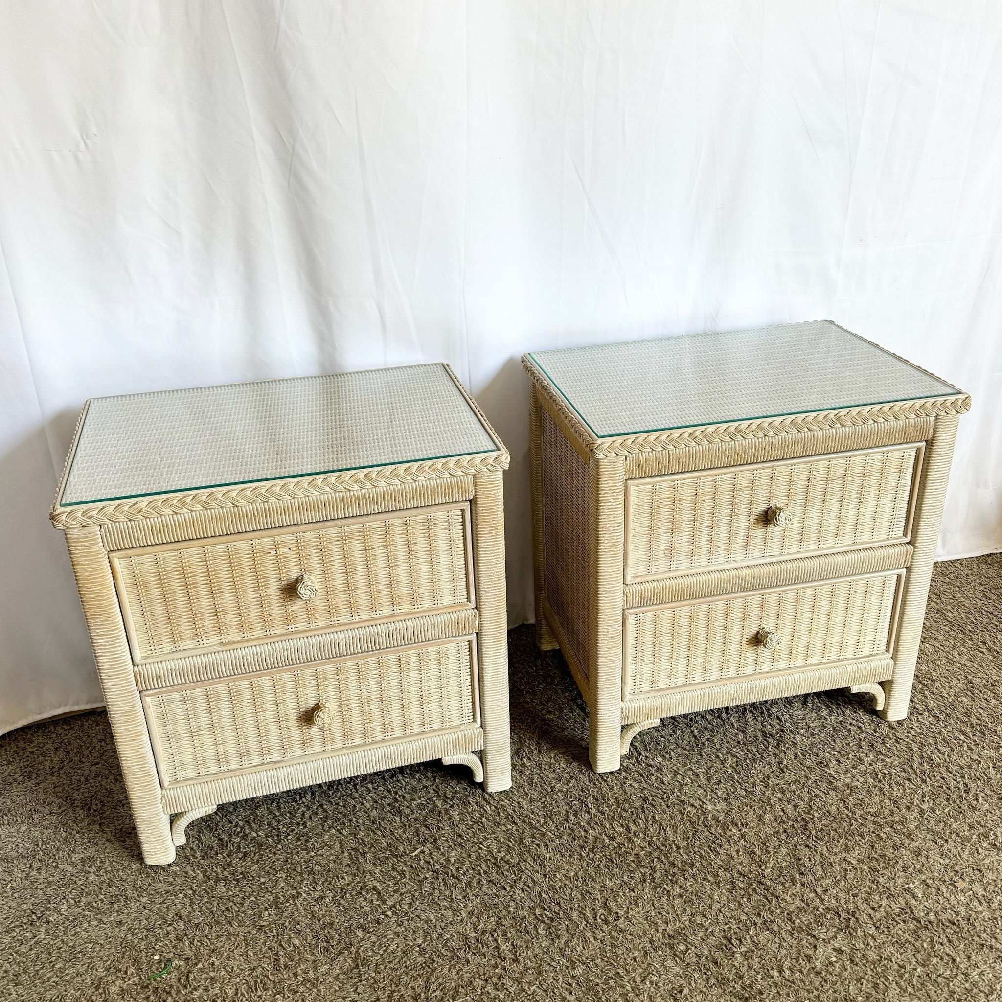 Coastal White Washed Henry Link Wicker Nightstands by Lexington - A Pair - Dolphin & Flamingo