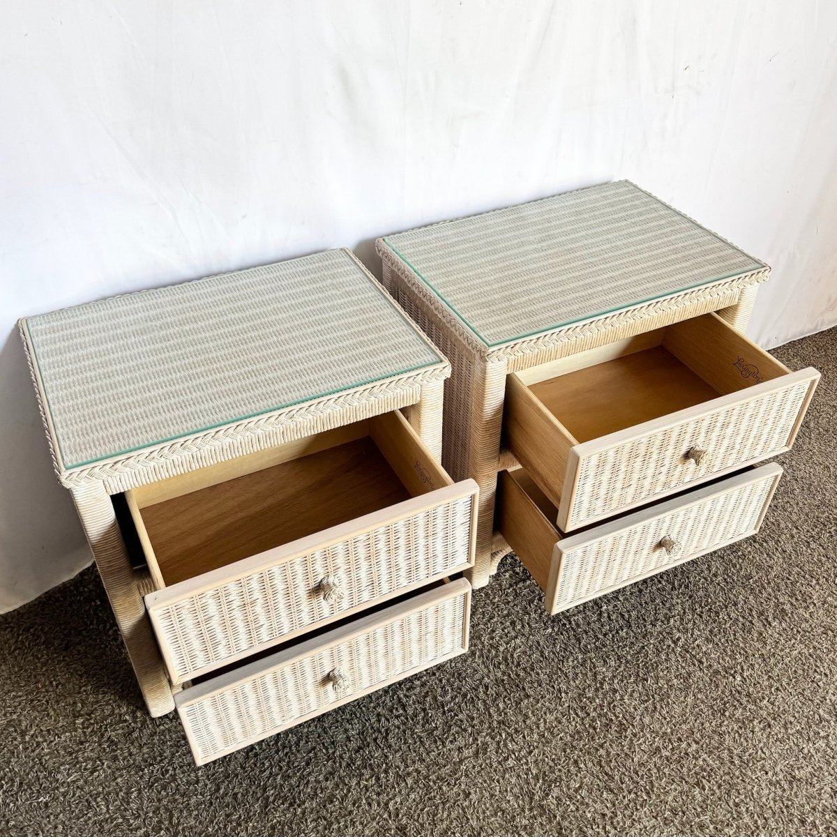 Costal White Washed Henry Link Wicker Nightstands by Henry Link - A Pair - Dolphin & Flamingo
