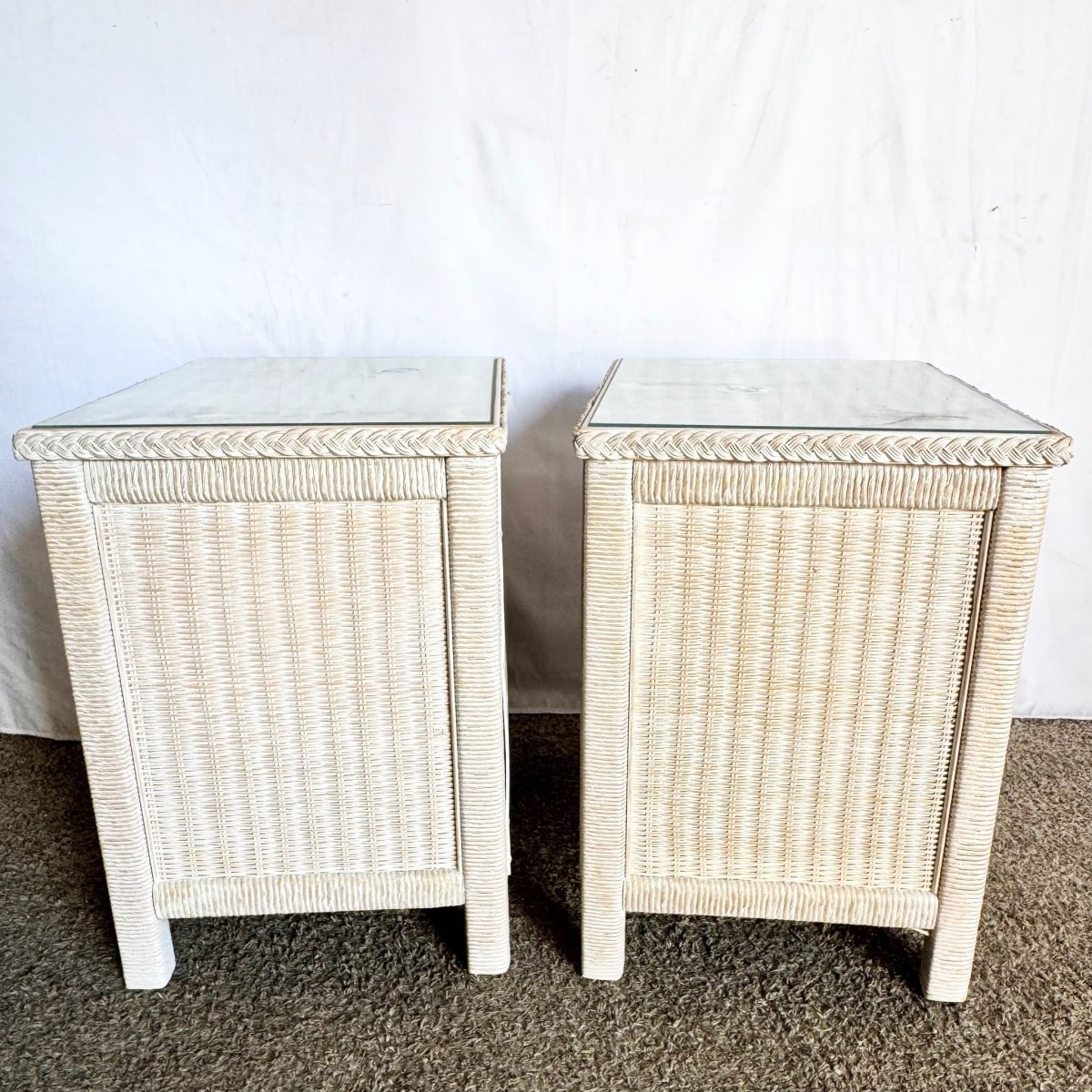 Costal White Washed Henry Link Wicker Nightstands by Henry Link - A Pair - Dolphin & Flamingo