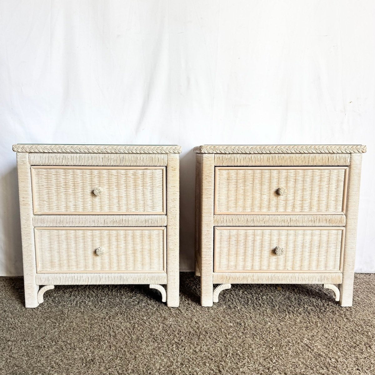 Costal White Washed Henry Link Wicker Nightstands by Henry Link - A Pair - Dolphin & Flamingo
