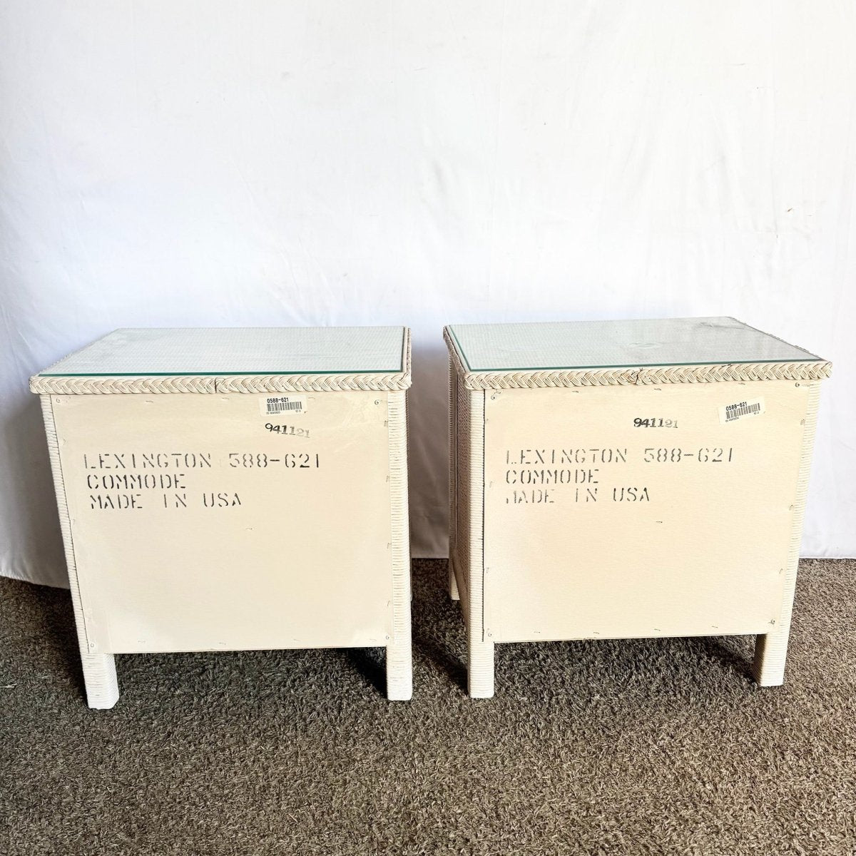 Costal White Washed Henry Link Wicker Nightstands by Henry Link - A Pair - Dolphin & Flamingo
