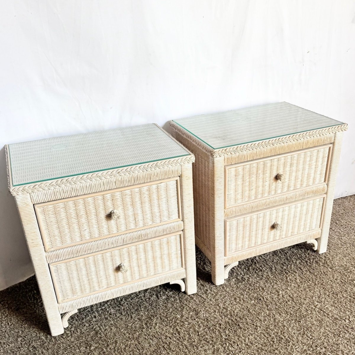 Costal White Washed Henry Link Wicker Nightstands by Henry Link - A Pair - Dolphin & Flamingo