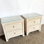 Costal White Washed Henry Link Wicker Nightstands by Henry Link - A Pair - Dolphin & Flamingo