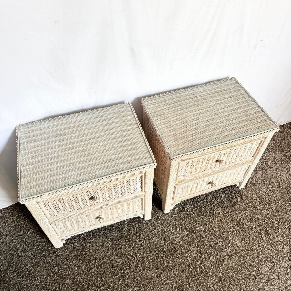 Costal White Washed Henry Link Wicker Nightstands by Henry Link - A Pair - Dolphin & Flamingo