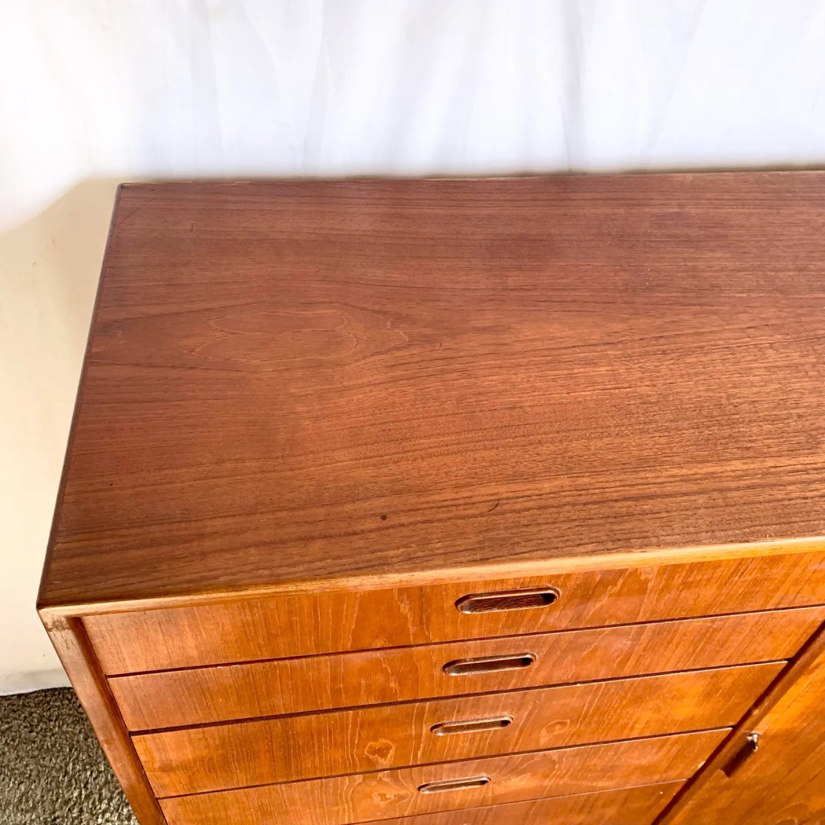 Danish Mid Century Modern Teak Tambour Door Highboy Dresser by Falster - Dolphin & Flamingo